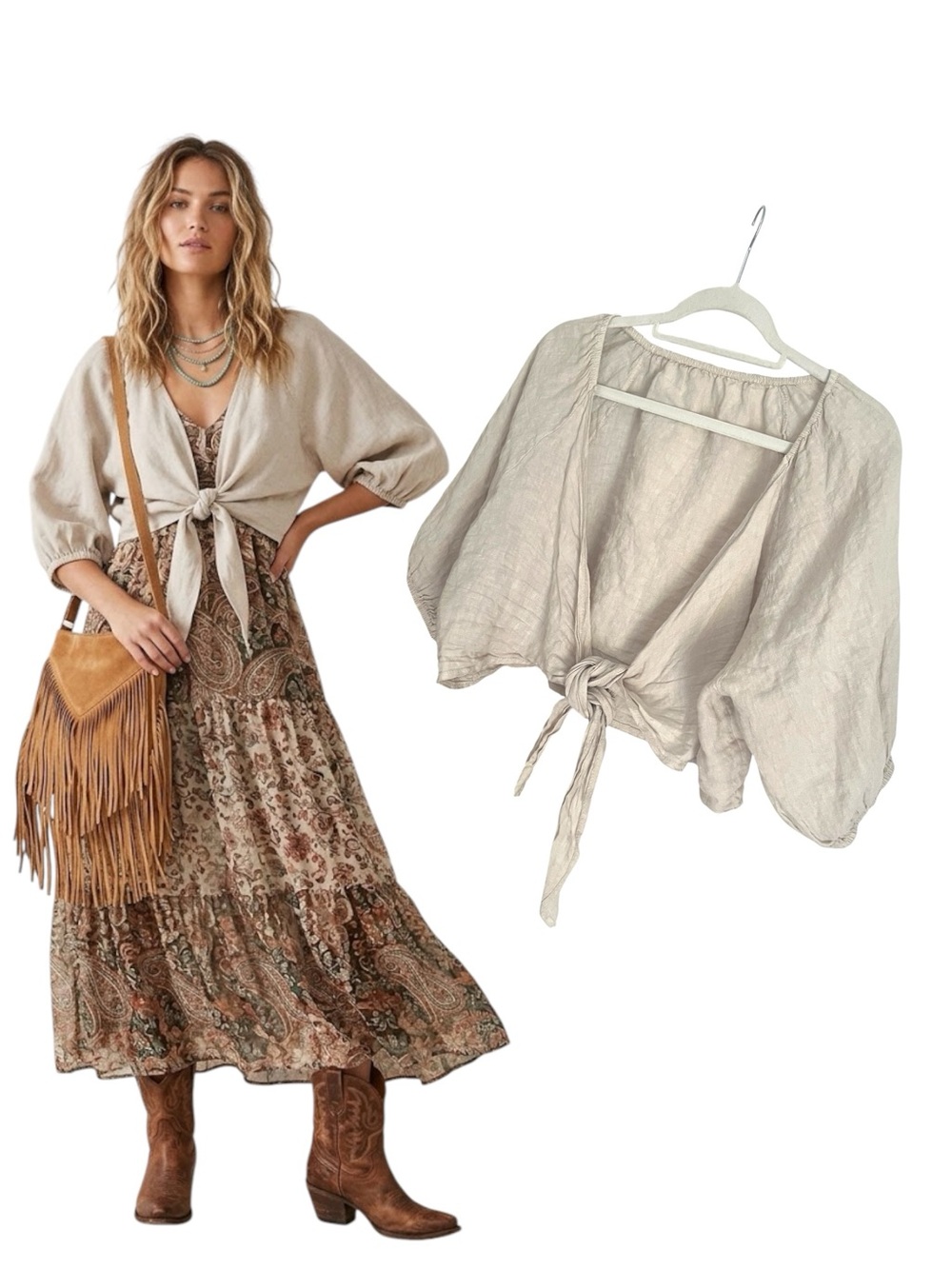 Linen Tie Front Cropped Cardigan Top Neutral OS Layering Cover Up
